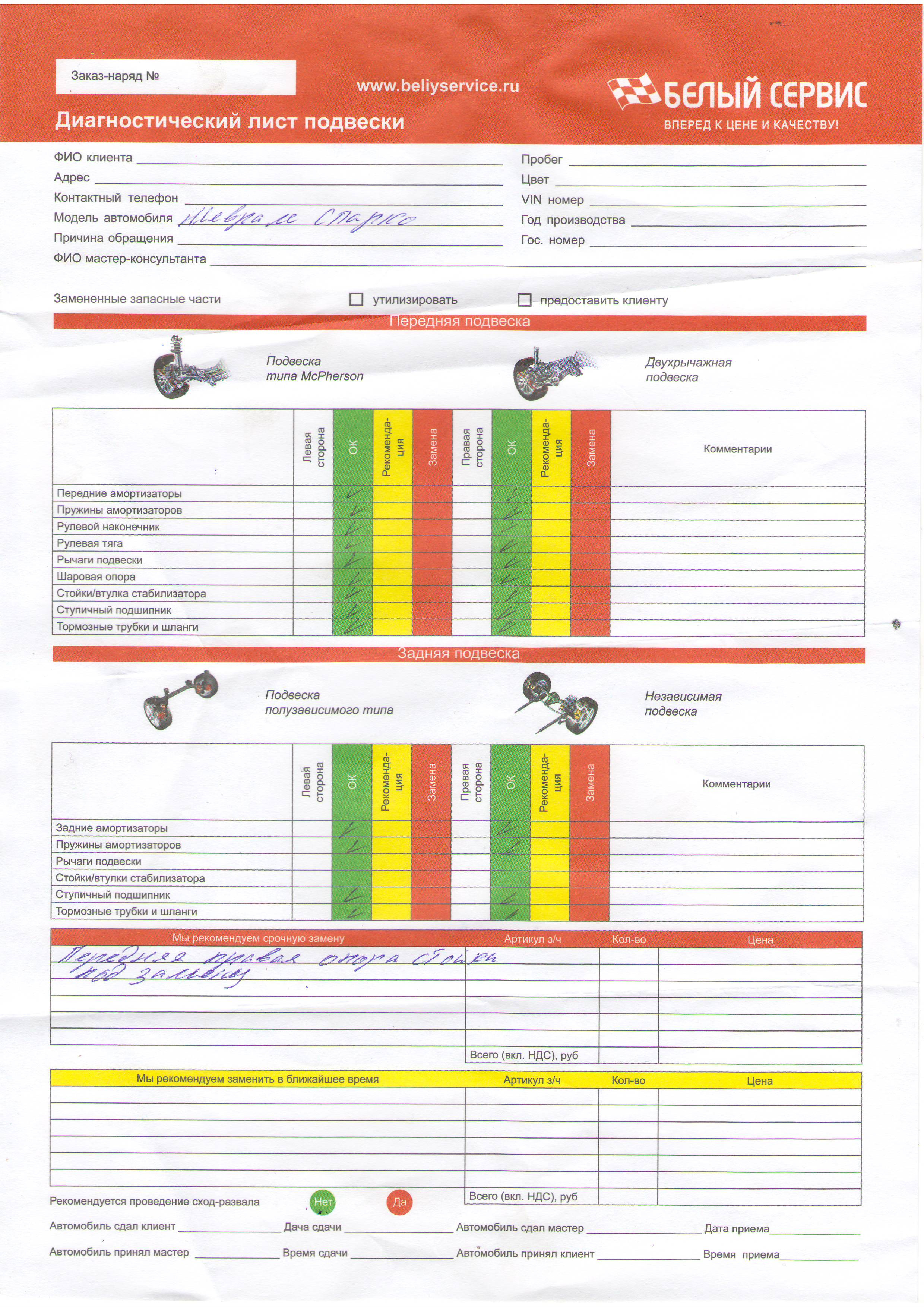 Лист диагностики ходовой части автомобиля образец