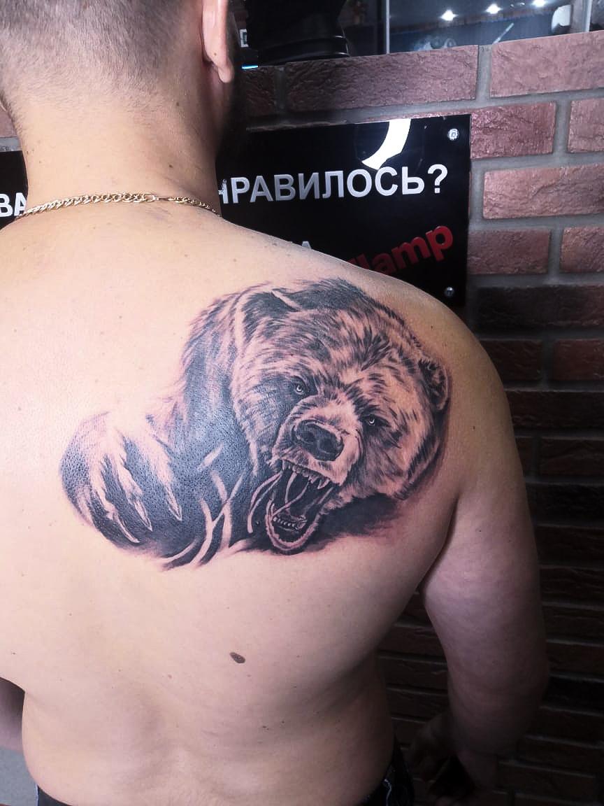 Татуировка медведь на лопатке