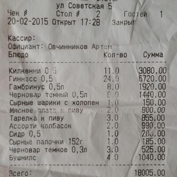 Чек от 20.02.15 На 5,5 человек ))