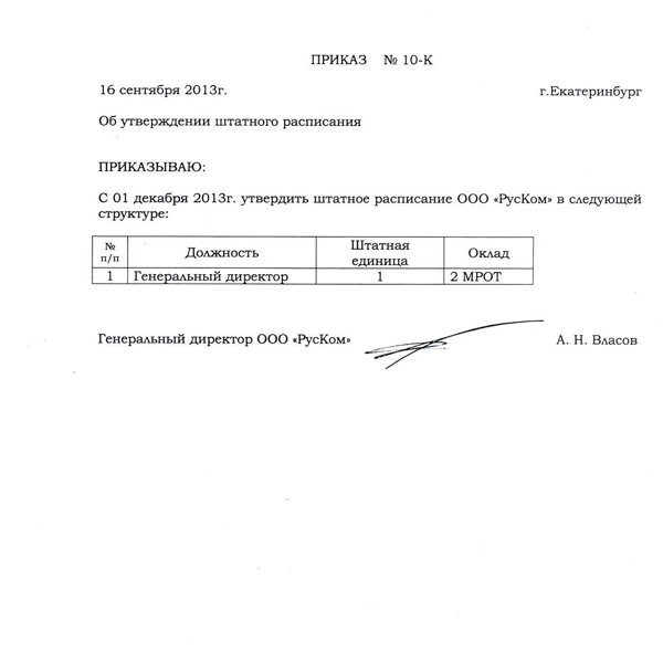 В штате компании ООО "РусКом" согласно приказа 10-к  от 16.09.2013  числится только директор