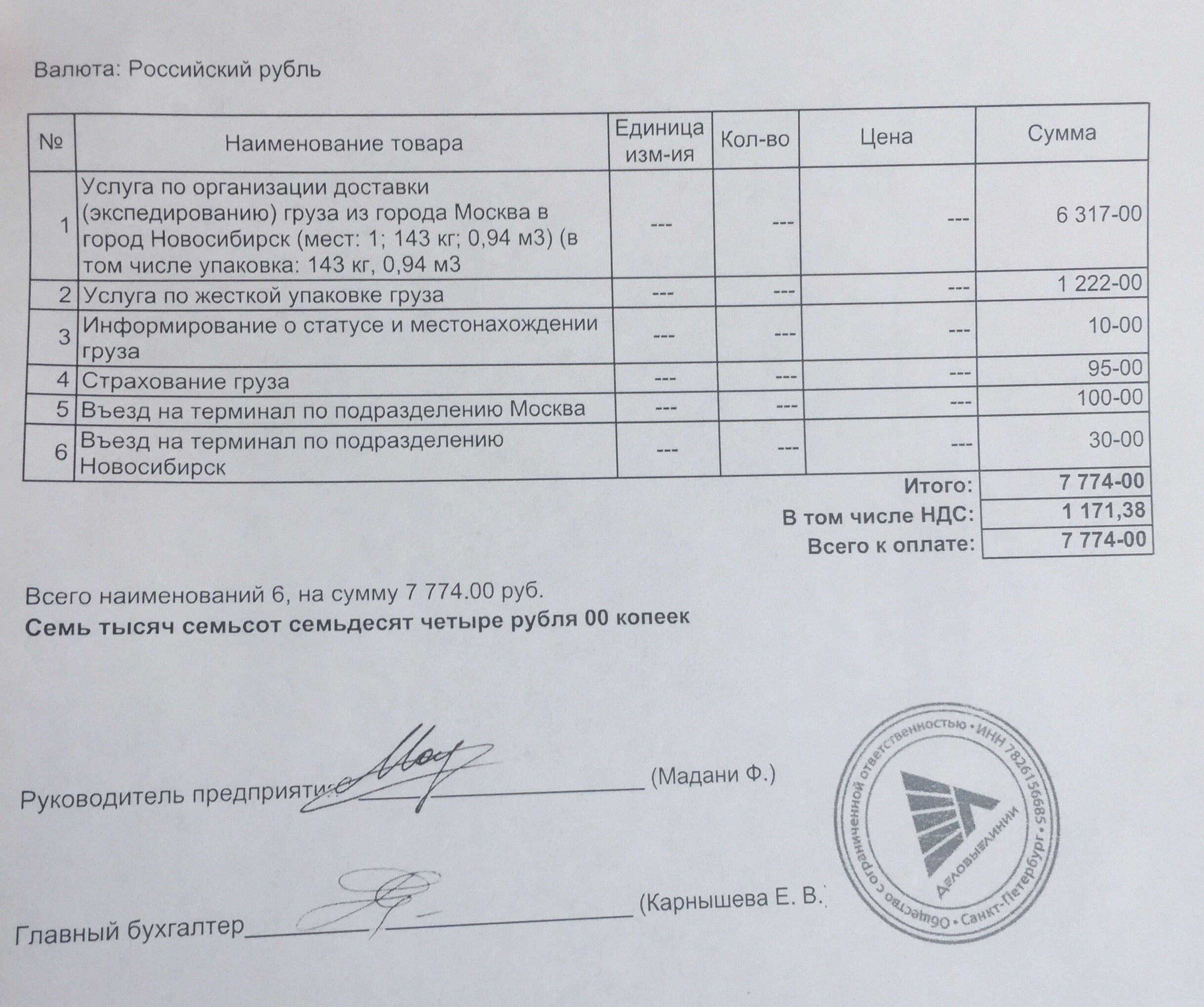 Опись груза для перевозки образец